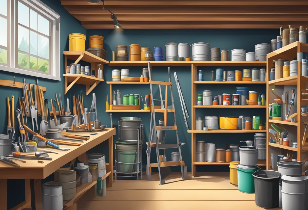A cluttered garage with shelves of tools, paint cans, and hardware. A ladder leans against the wall, and a workbench is covered with home improvement and maintenance products