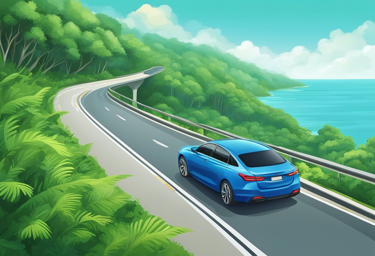 A car drives on the highway from Singapore to Desaru, passing lush green landscapes and blue waters