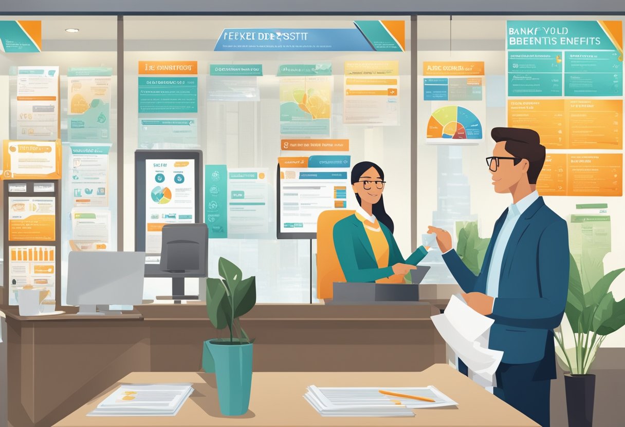 A bank employee explains fixed deposit benefits to a customer, with promotional banners displayed in the background
