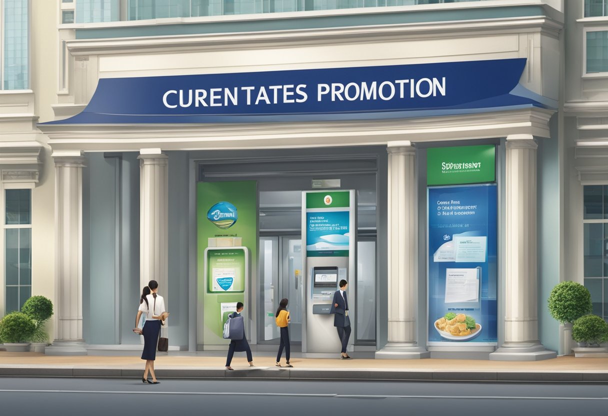 A large sign displaying "Current Promotions and Best Rates fixed deposit promotion Singapore" stands prominently outside a bank, catching the attention of passersby
