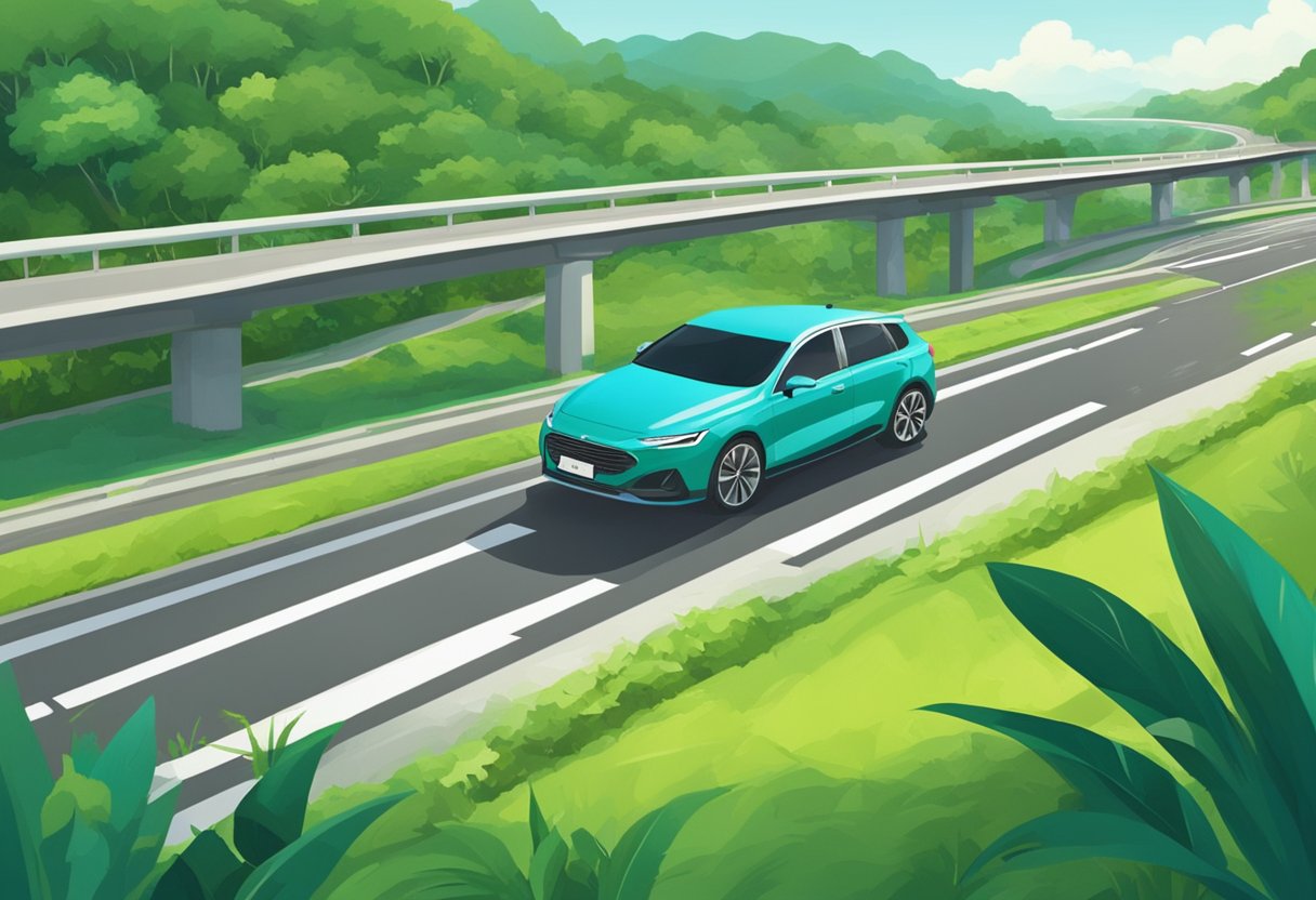 A car driving on the highway from Singapore to Desaru, passing by lush green landscapes and road signs indicating the direction