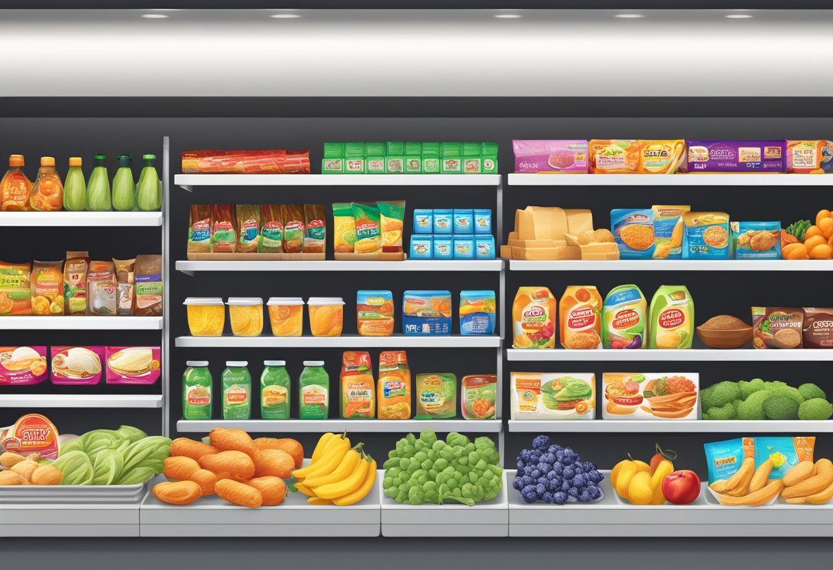 A colorful display of discounted groceries at NTUC Singapore. Bright signage and neatly arranged products