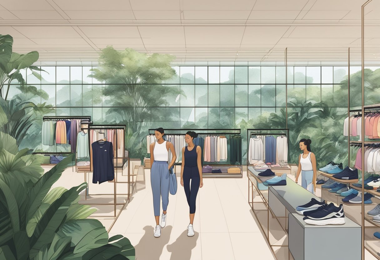 Customers browse racks of trendy activewear at Oysho Singapore in Jewel Changi Airport, surrounded by lush greenery and modern architecture
