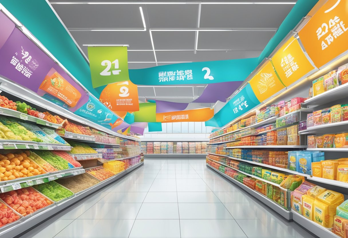 Brightly colored banners and signs adorn the aisles, showcasing the latest weekly promotions and deals at NTUC Singapore