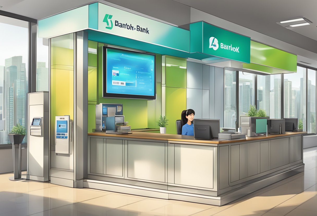 A bright, modern bank branch with a prominent display advertising a fixed deposit promotion in Singapore