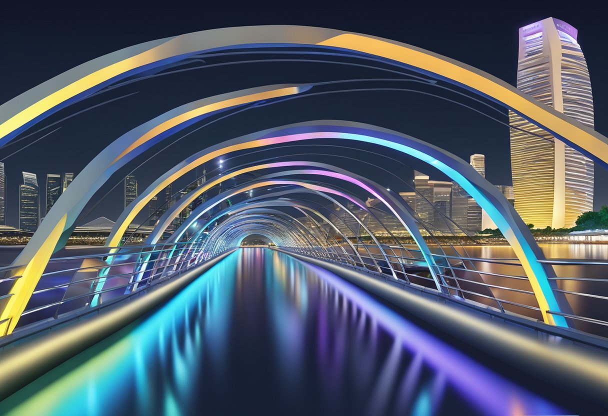 The Helix Bridge in Singapore curves gracefully over the water, its double helix structure illuminated by colorful lights at night
