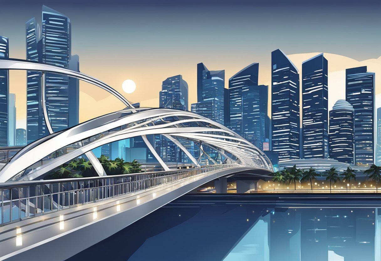 The Helix Bridge in Singapore curves gracefully, with its steel spiral structure gleaming under the city lights, creating a stunning architectural spectacle