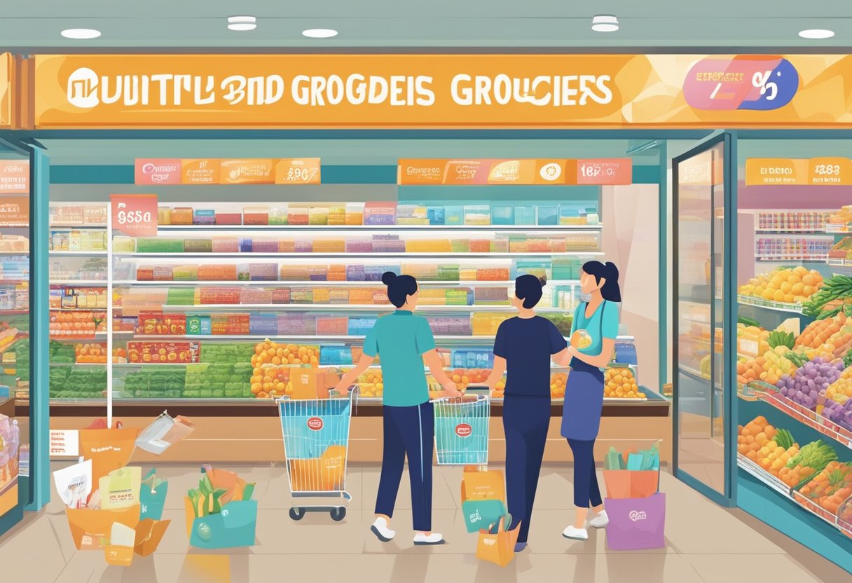Customers eagerly select discounted groceries at NTUC's weekly promotion in Singapore. Bright signage and organized displays enhance the shopping experience