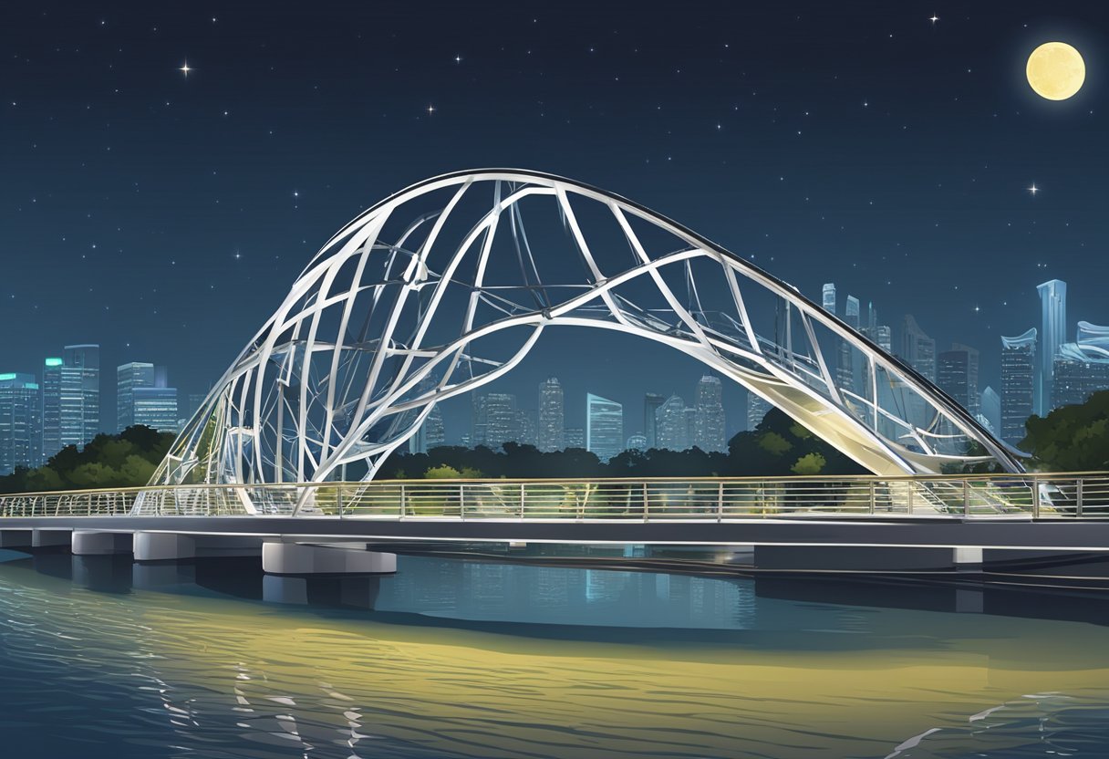 The Helix Bridge in Singapore, with its unique double helix structure, stands illuminated against the night sky, capturing the attention of passersby and creating a sense of wonder