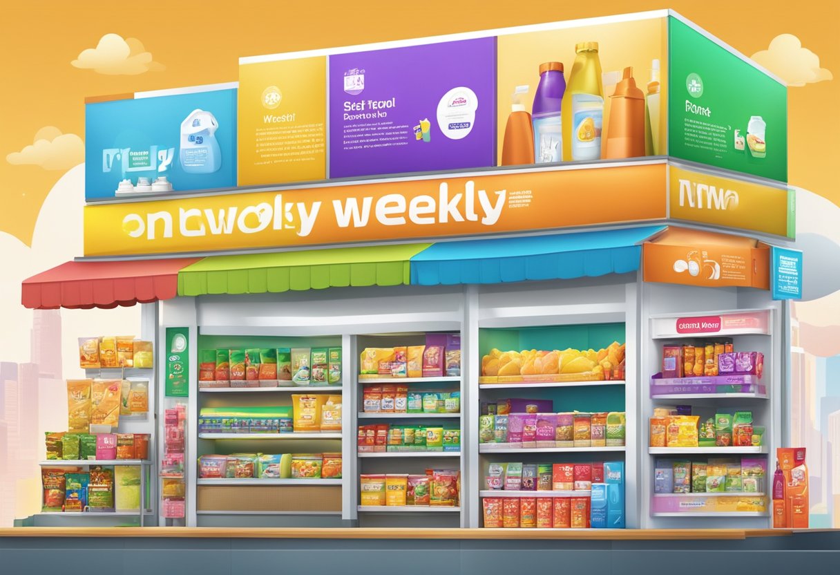 A colorful display of NTUC weekly promotions in Singapore, with bold signage and various product offerings