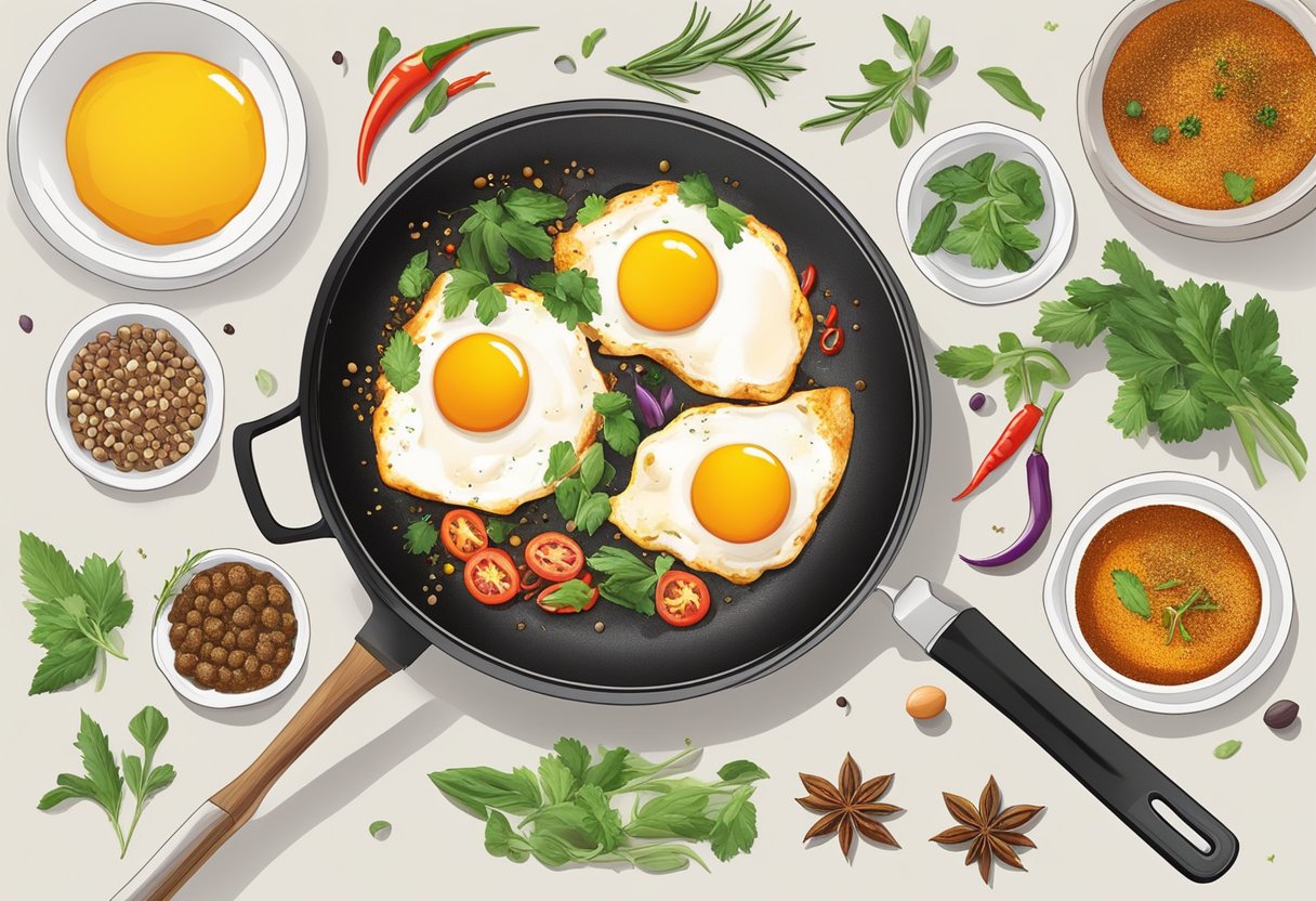 A sizzling pan with fried eggs, surrounded by colorful spices and herbs, evoking the vibrant flavors of Singaporean cuisine