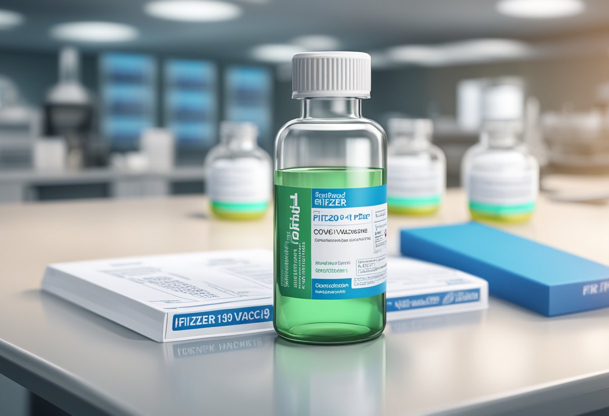 A vial of Pfizer-BioNTech's COVID-19 vaccine stands on a sterile laboratory table, with scientific equipment and documents in the background