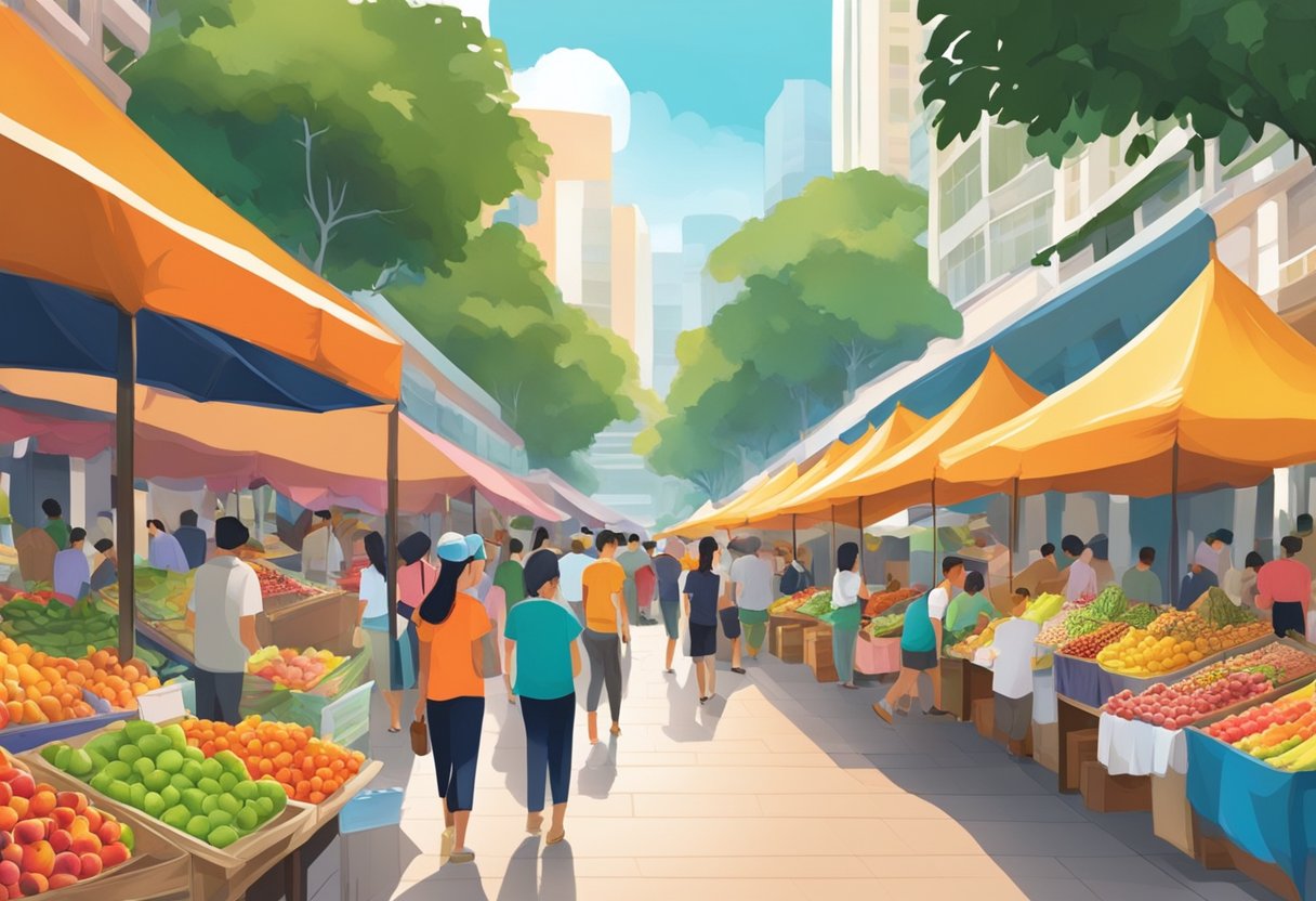 A bustling street market in Singapore, with vibrant colors and exotic fruits on display. A mix of traditional and modern architecture fills the background