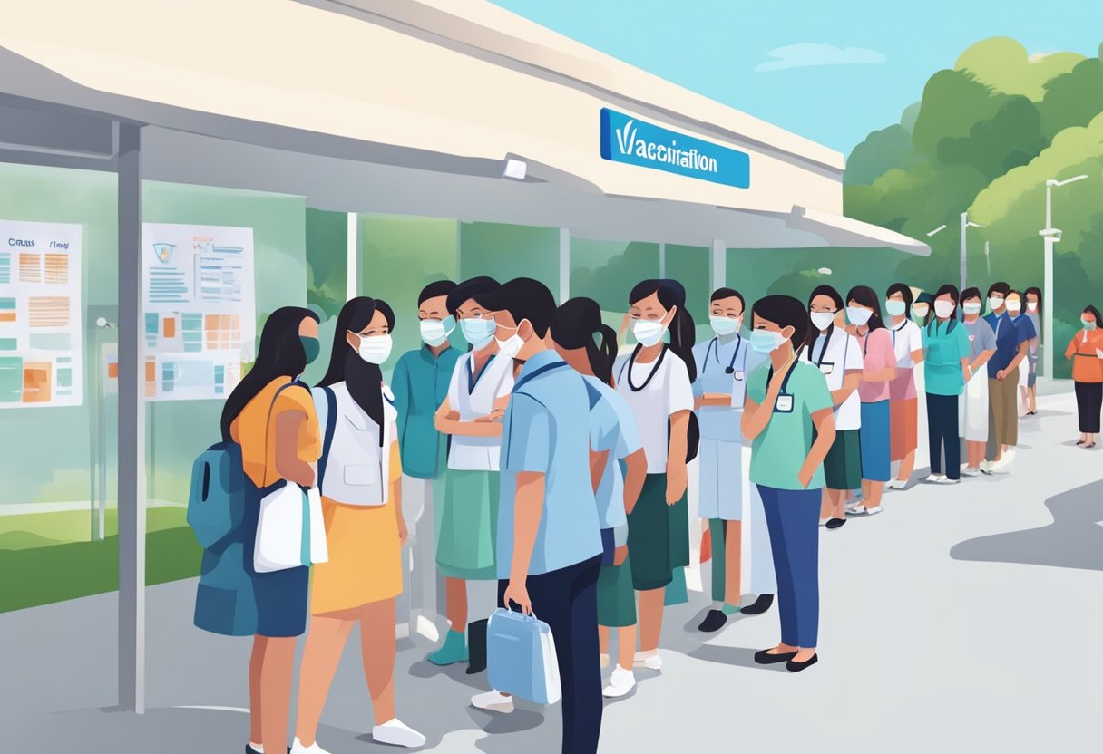 People line up outside a vaccination center in Singapore. Health workers administer Pfizer vaccines. The Singaporean flag flies in the background