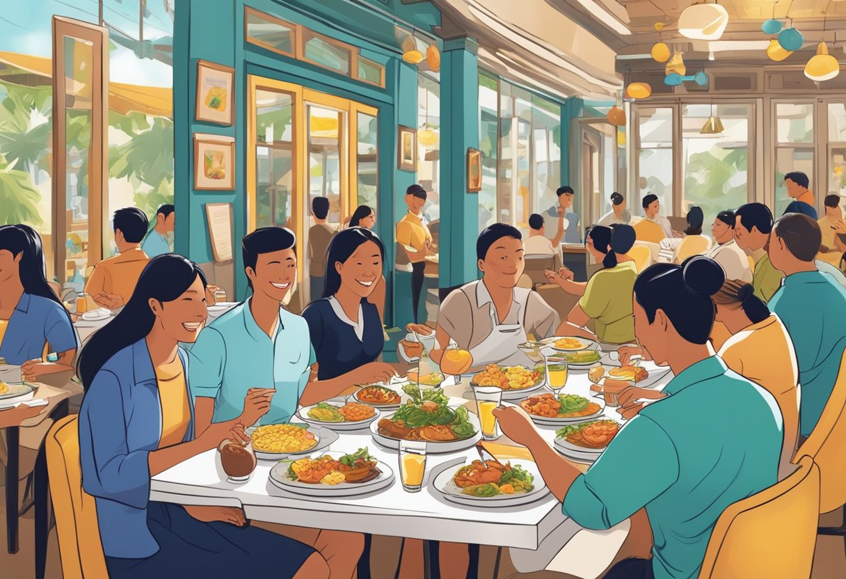A table set with vibrant plates of Huevos Singapore, surrounded by bustling waitstaff and happy diners in a lively restaurant