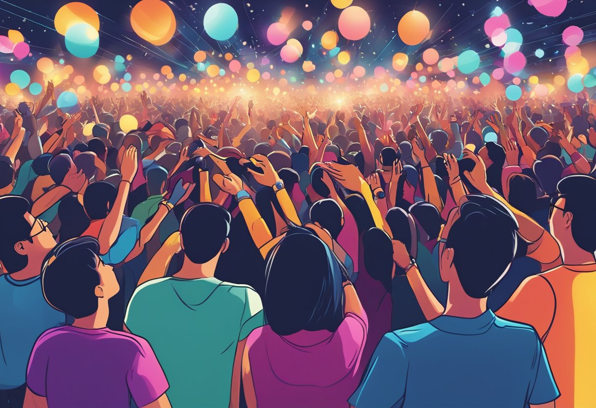 Vibrant concert crowd in Singapore, with colorful lights and music filling the air