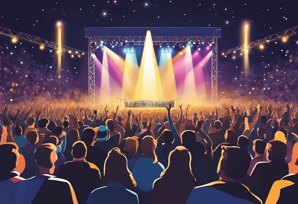 Crowds gather around a stage, lights shining brightly as music fills the air. Excitement and anticipation are palpable as people plan their concert experience