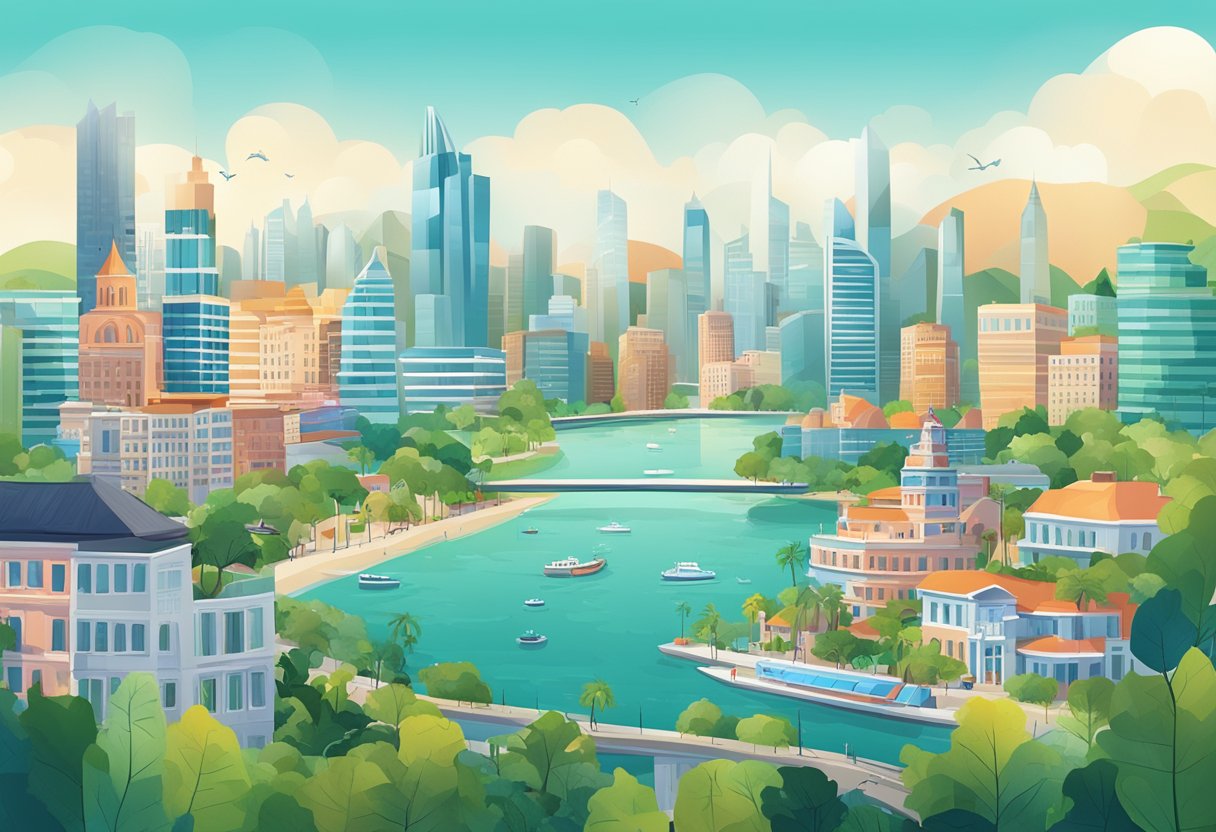 A bustling cityscape with iconic landmarks and a diverse mix of modern architecture, surrounded by lush greenery and a vibrant waterfront