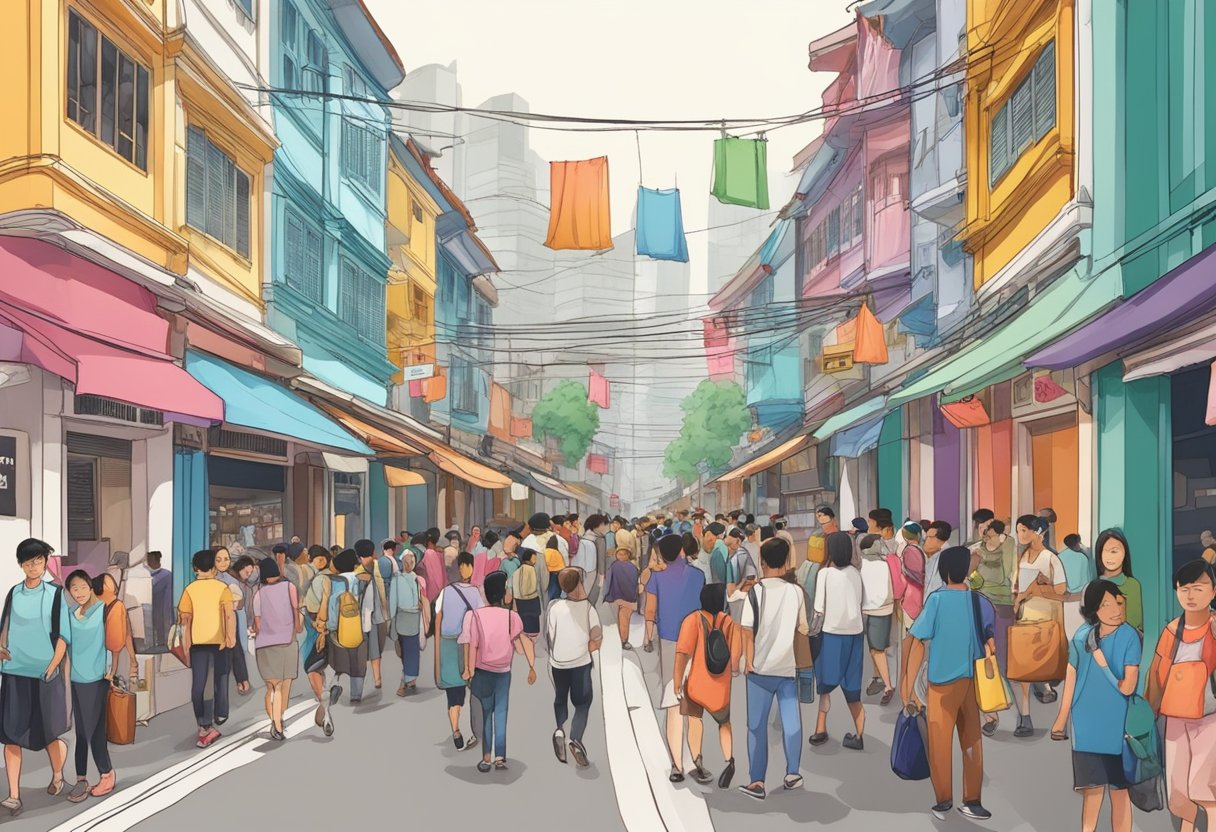 A bustling street in Kilo, Singapore, with colorful shopfronts and bustling crowds