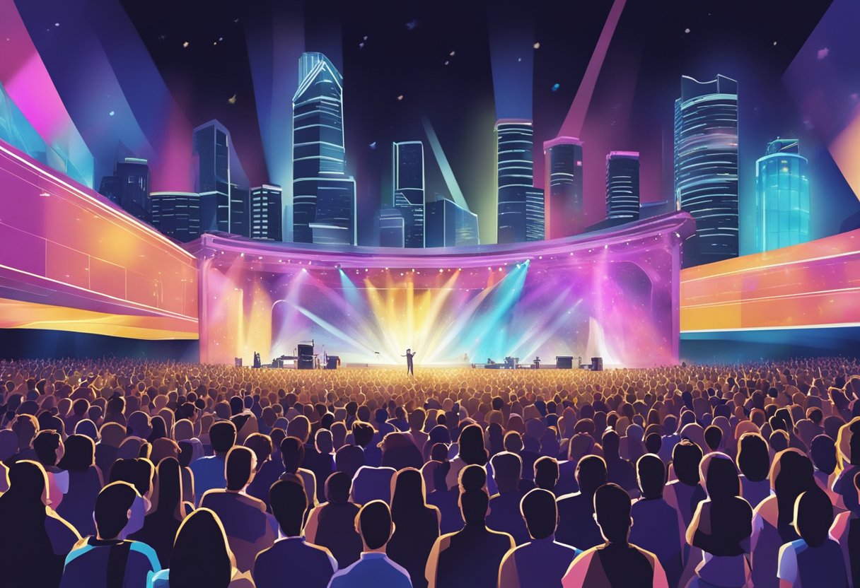 Ive's concert in Singapore, with a dynamic stage, bright lights, and a cheering crowd