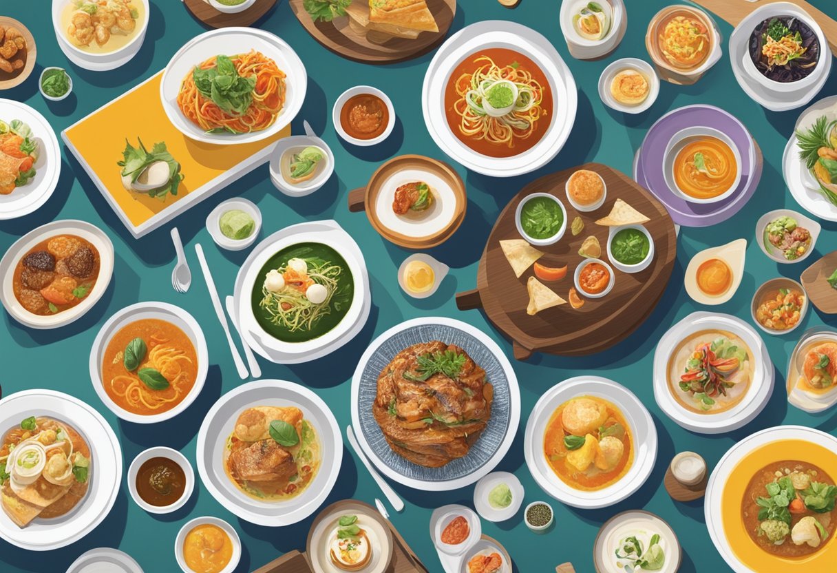 A vibrant display of Kilo Singapore's diverse culinary offerings, featuring an array of colorful and aromatic dishes arranged on a sleek, modern table
