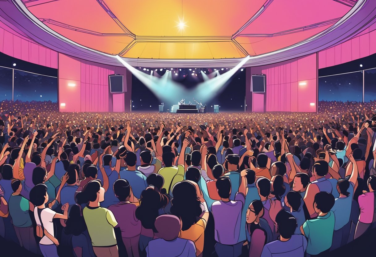 A crowded concert venue in Singapore with a large stage, bright lights, and enthusiastic fans