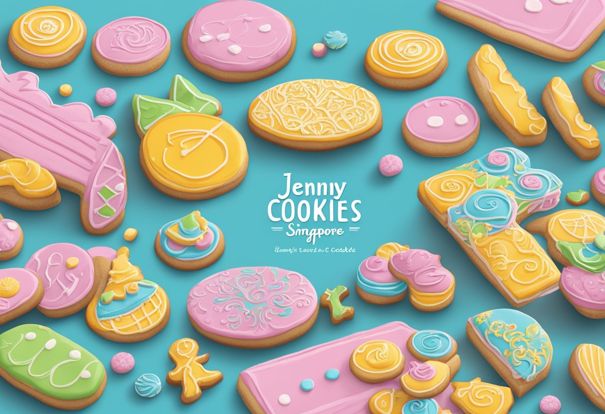 A table set with a variety of colorful and intricately decorated cookies, with the "Jenny Cookies Singapore" logo displayed prominently