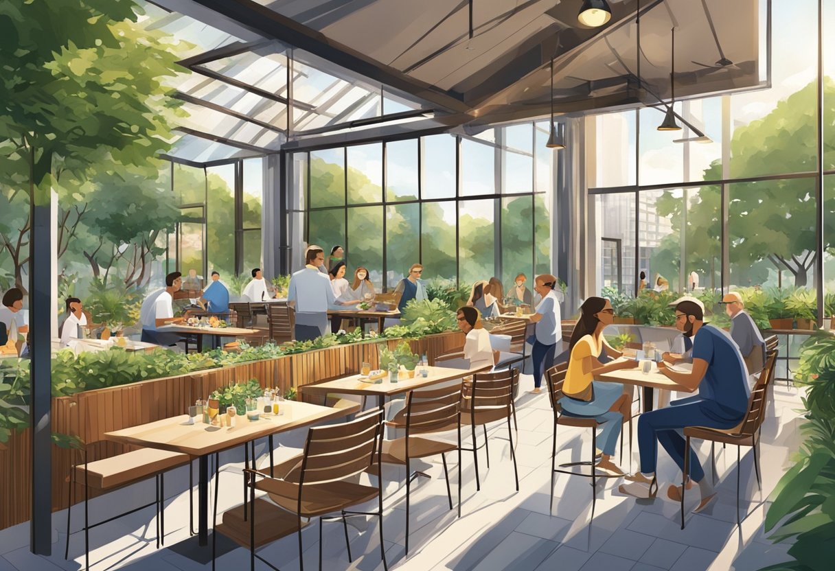 A bustling outdoor dining area with modern architecture and lush greenery, surrounded by city buildings and a vibrant atmosphere