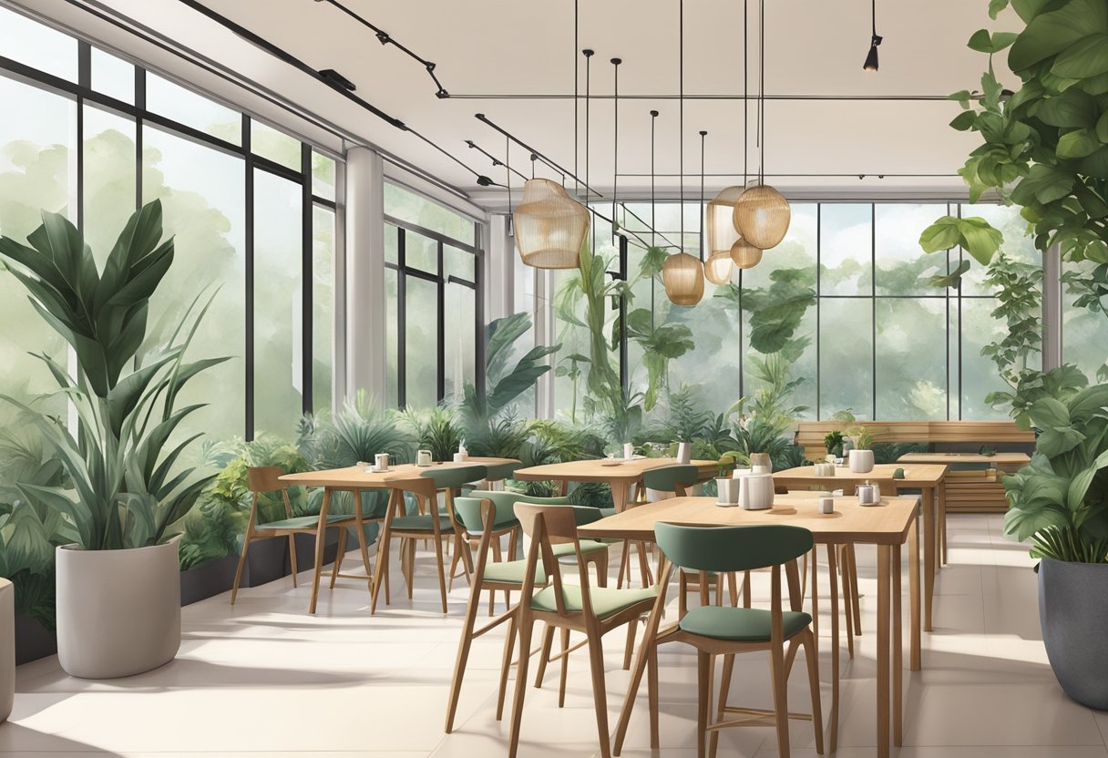 A serene cafe with modern decor, lush greenery, and a calming ambiance at Hvala Singapore