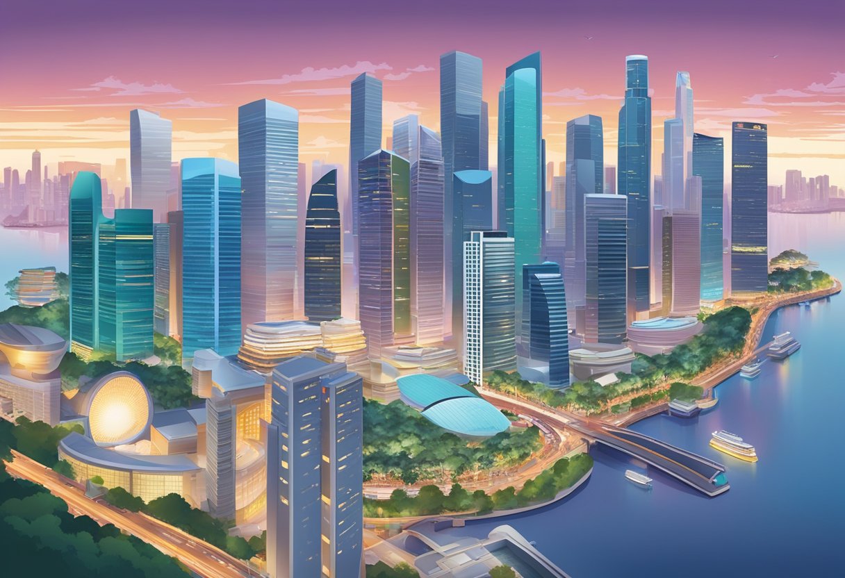A bustling cityscape with modern skyscrapers and a vibrant skyline, featuring the iconic landmarks and bustling streets of Singapore