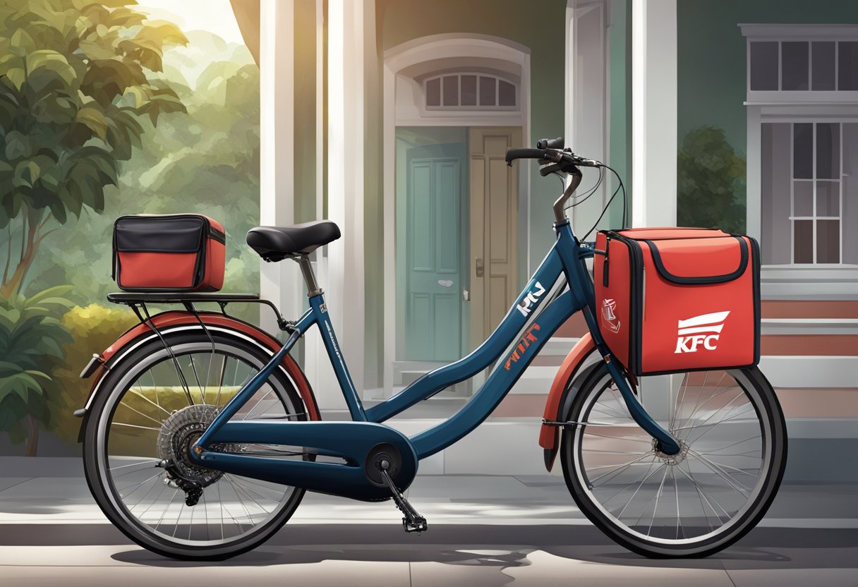 A KFC delivery bike parked outside a Singaporean home, with a delivery bag resting on the handlebars
