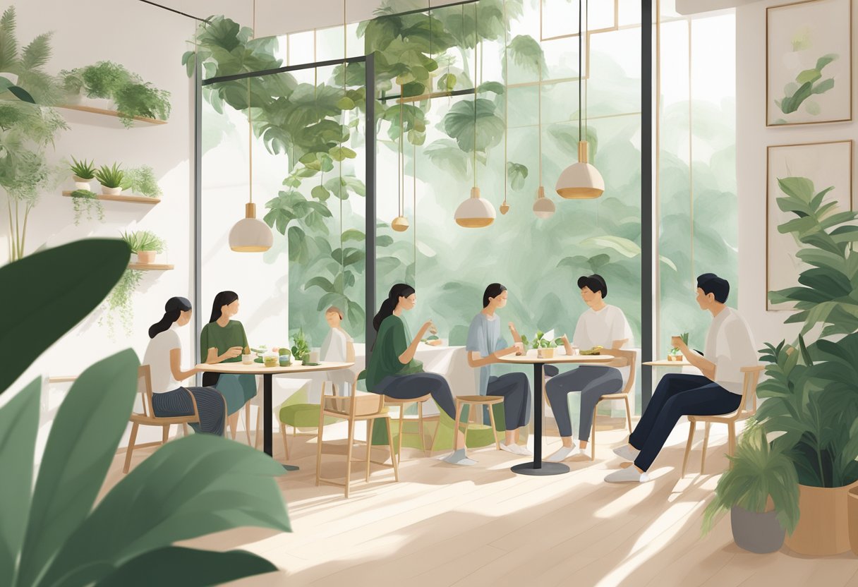 Customers enjoy serene ambiance, sipping matcha in minimalist decor, surrounded by lush greenery and natural light at Hvala Hvala Singapore
