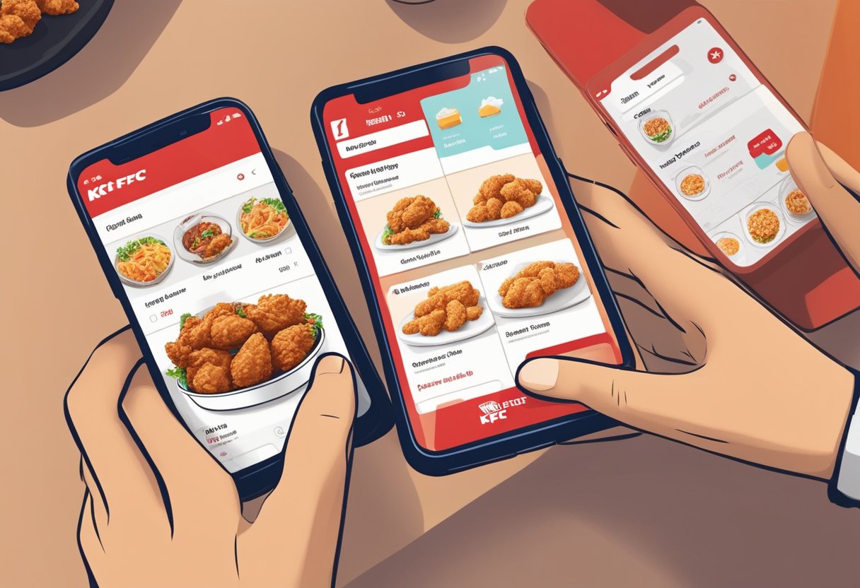 A customer uses a smartphone to order KFC delivery in Singapore. The app displays a menu with various options for fried chicken and sides