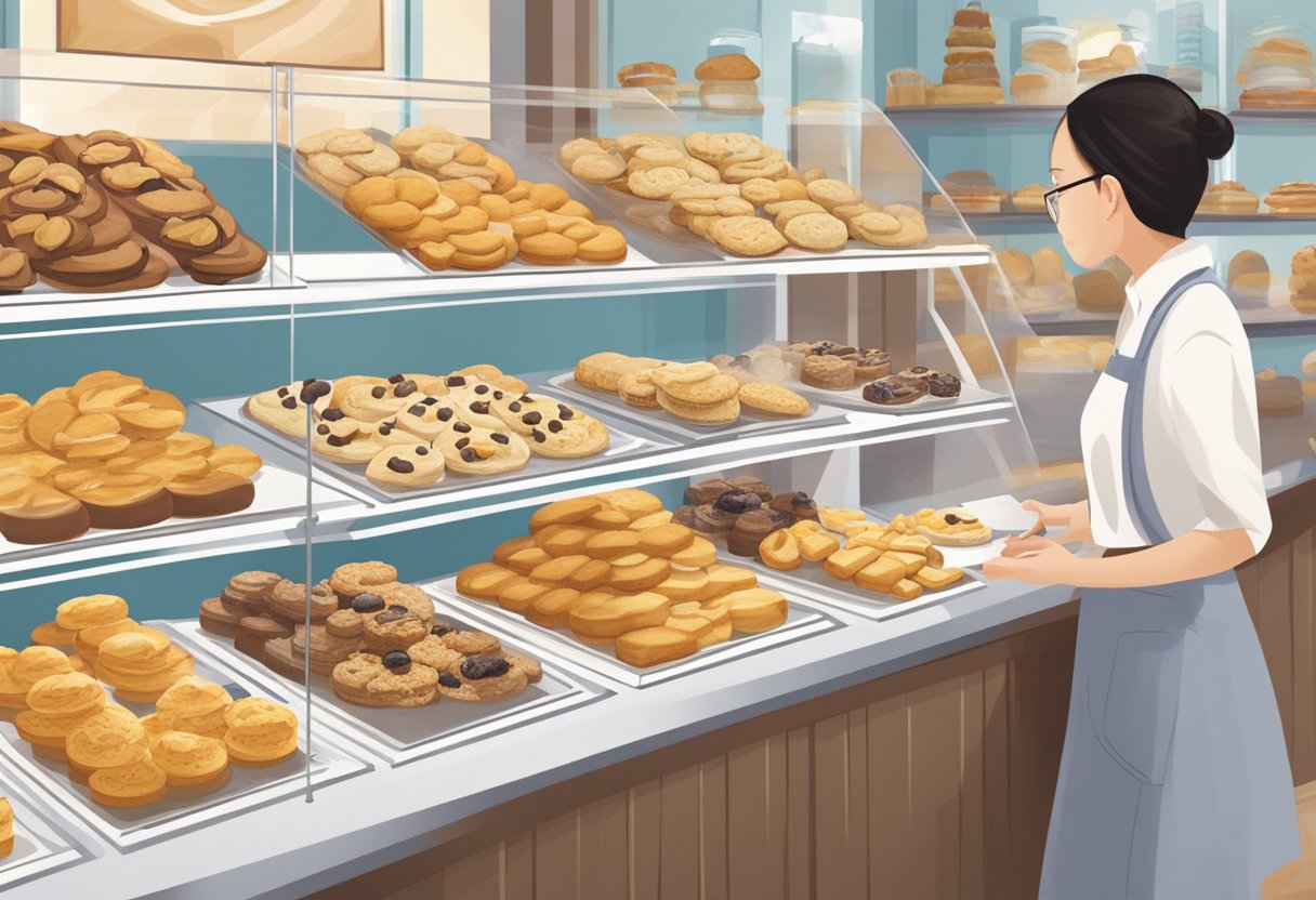 Customers browsing Jenny Bakery in Singapore, admiring the array of delicious cookies on display. The aroma of freshly baked treats fills the air, creating a warm and inviting atmosphere