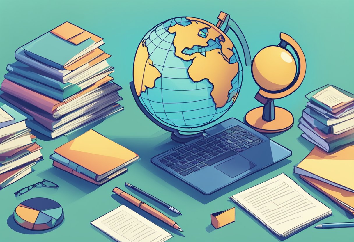 A stack of FAQ papers surrounded by a globe, laptop, and pen