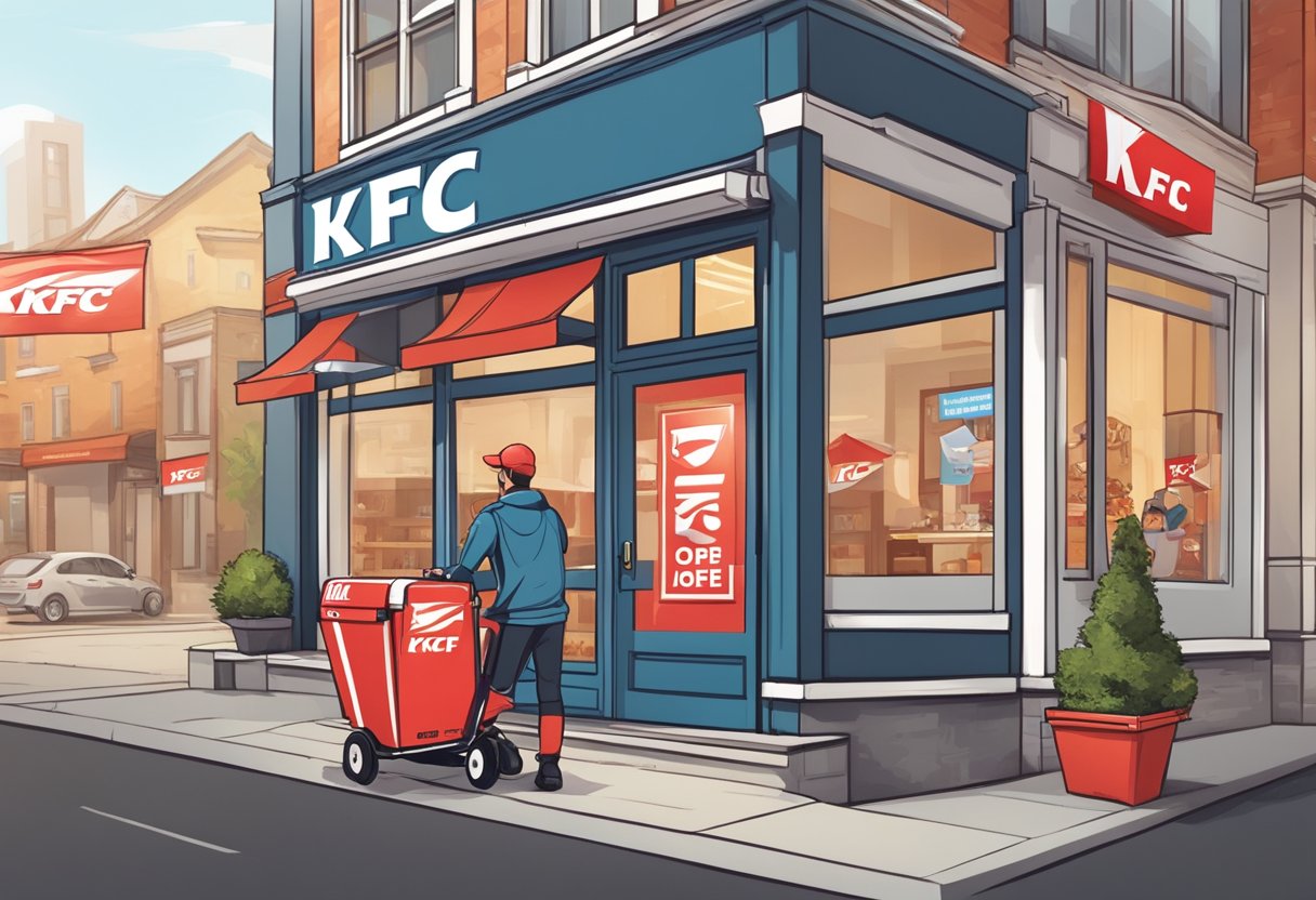 A delivery person dropping off a KFC order at a customer's doorstep, with promotional banners and deals visible in the background