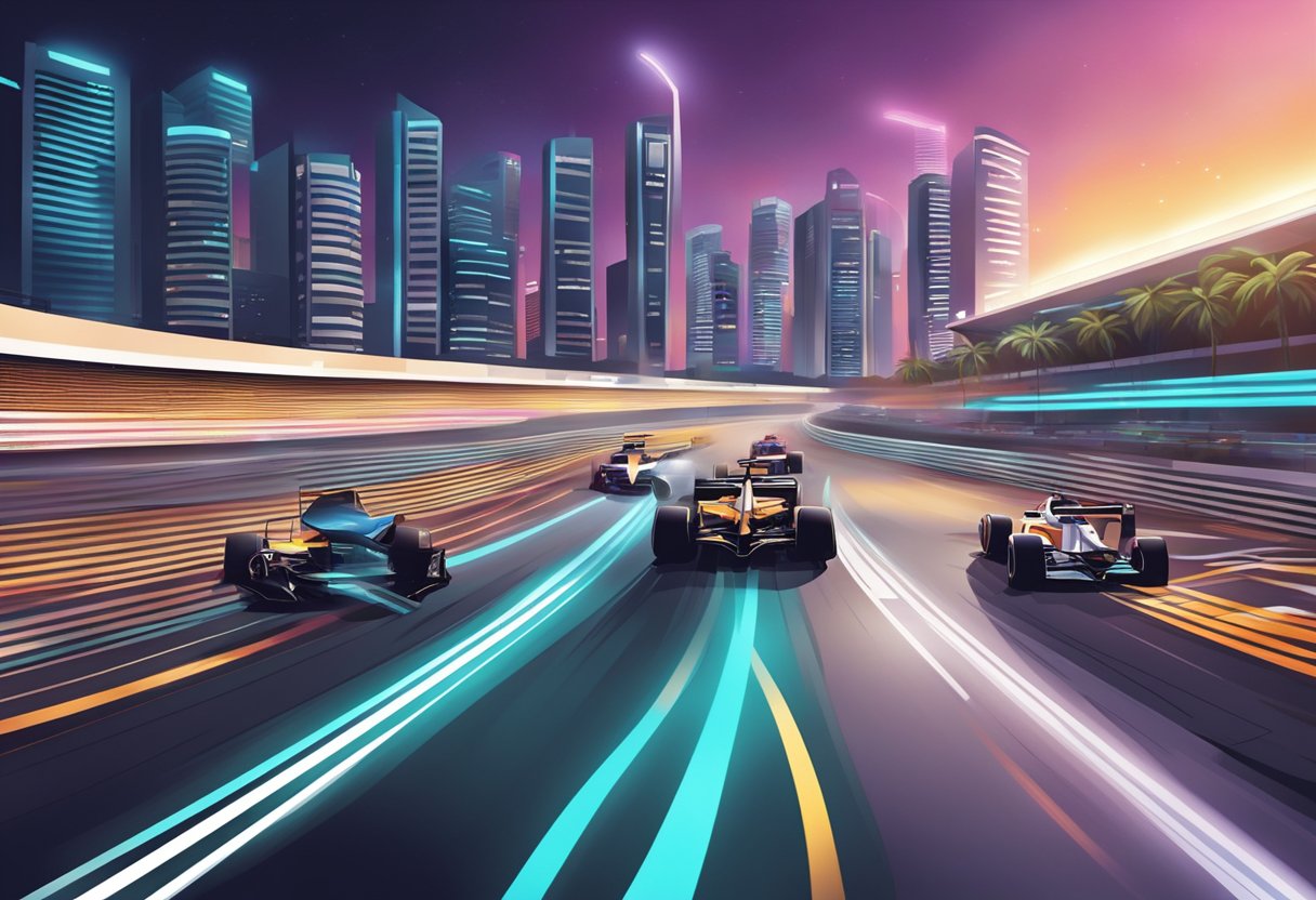 The F1 track in Singapore is illuminated by bright lights, with towering buildings in the background and sleek race cars zooming by