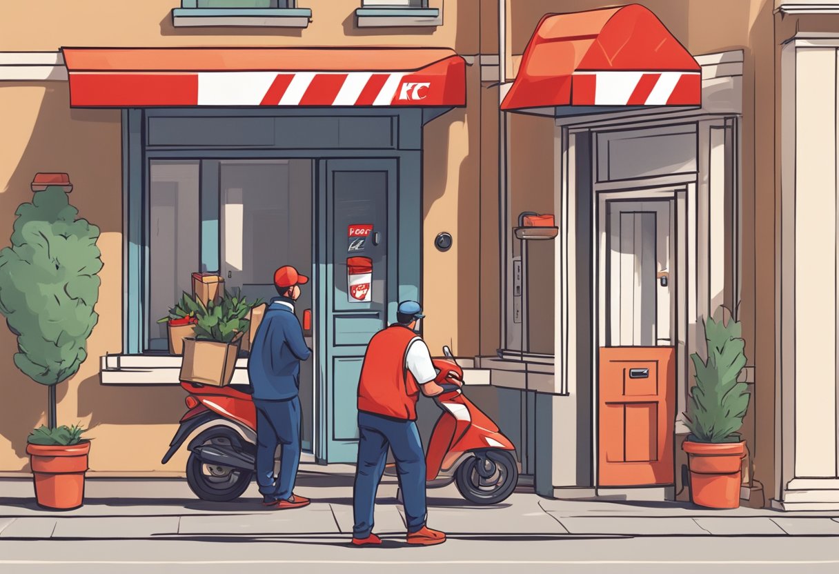 A delivery person placing a KFC order at a customer's doorstep