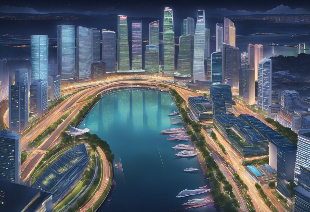 The Singapore F1 track winds through the city, passing iconic landmarks and modern skyscrapers. The track is illuminated by thousands of lights, creating a stunning night race atmosphere