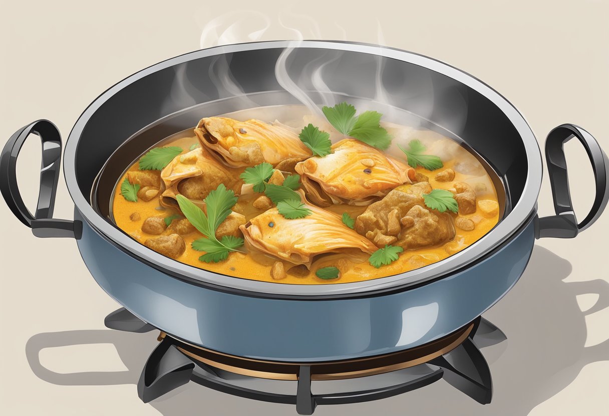 A steaming pot of fish head curry simmers on a stove, filled with chunks of tender fish head, aromatic spices, and rich, creamy curry sauce. The air is filled with the tantalizing scent of coconut milk and tangy tamarind