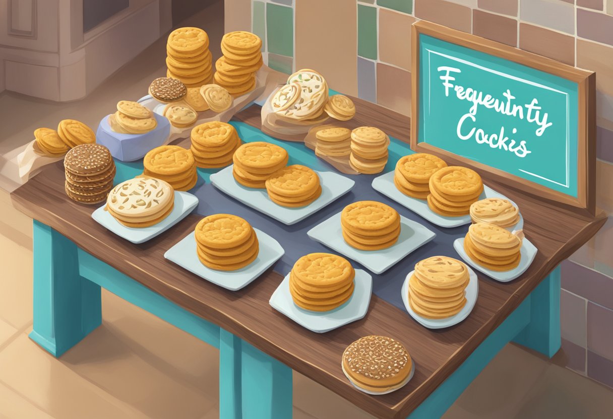 A table with various types of Jenny cookies displayed, a sign with "Frequently Asked Questions" in the background