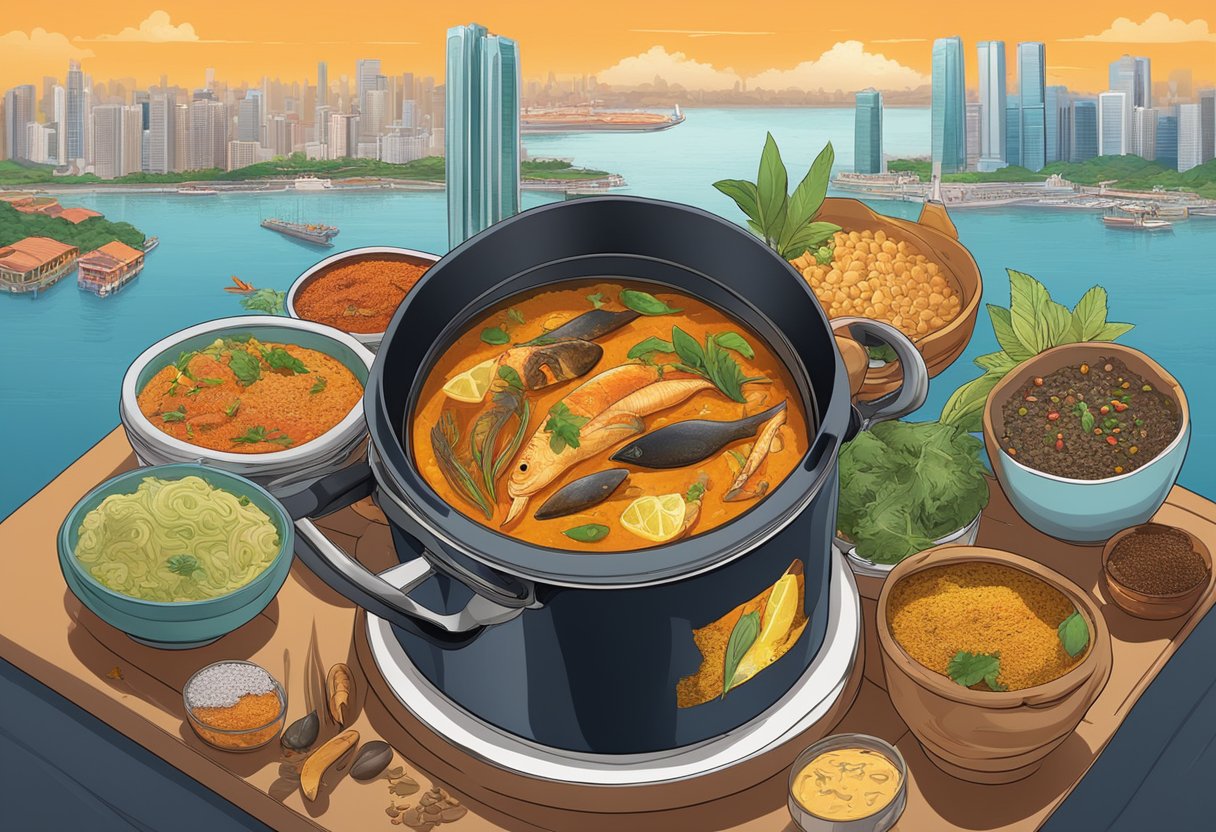 A large pot simmering with fish head curry, surrounded by colorful spices and ingredients, with the iconic skyline of Singapore in the background