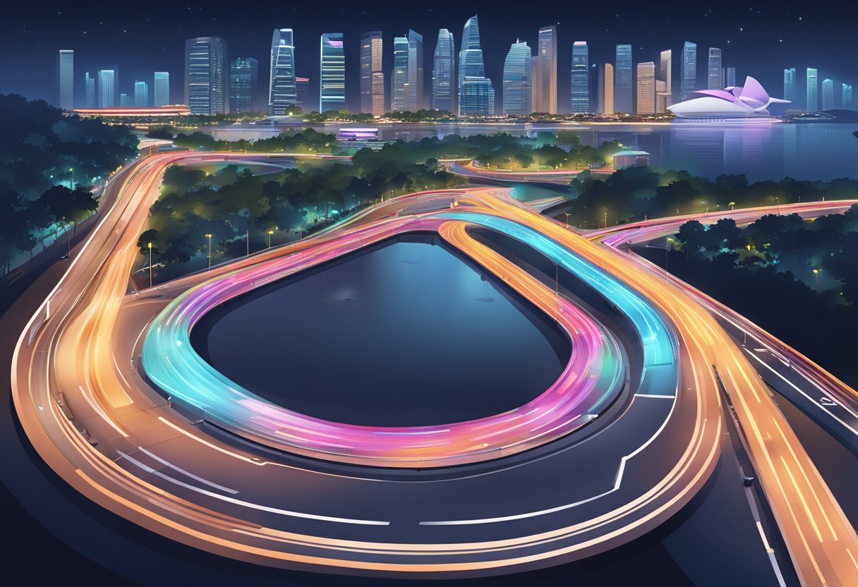 The Singapore F1 track is lit up at night, with the city skyline in the background and cars racing around the circuit