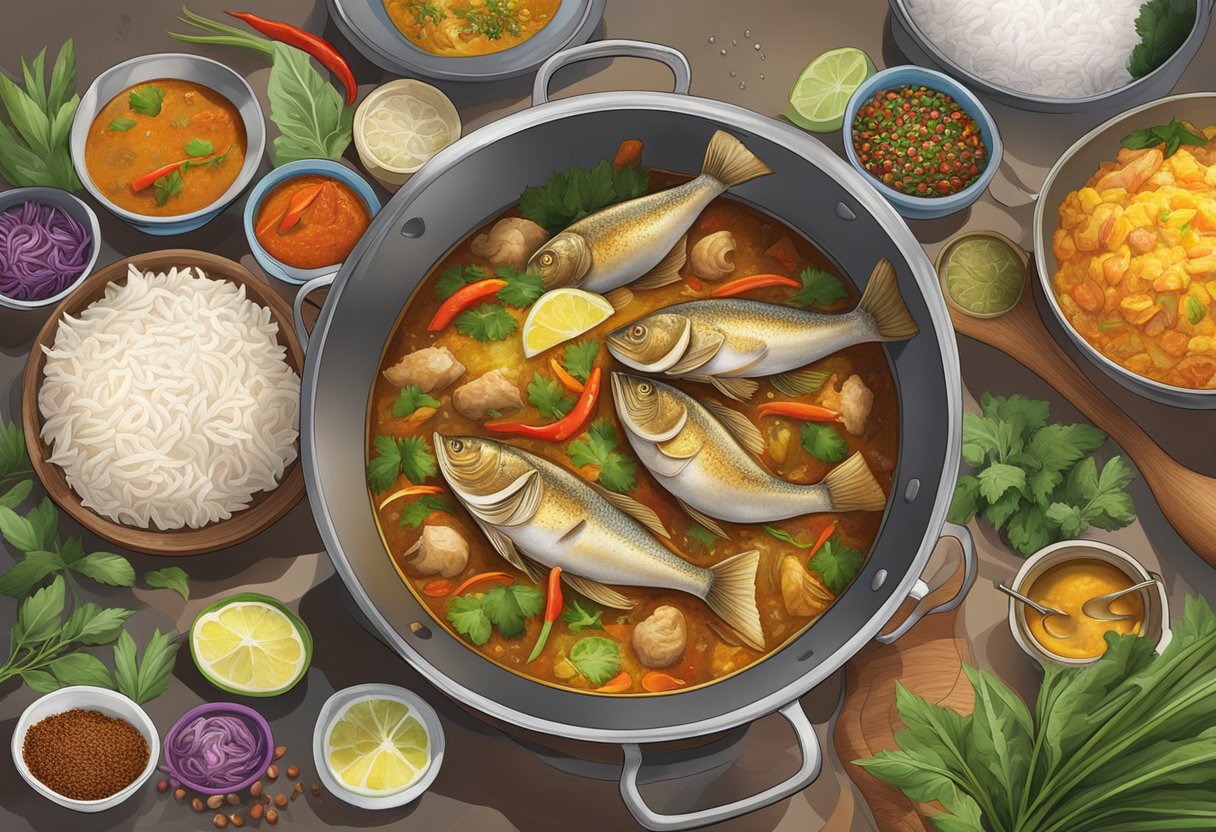 A steaming pot of fish head curry, surrounded by colorful spices and herbs, with a backdrop of a bustling Singaporean hawker center