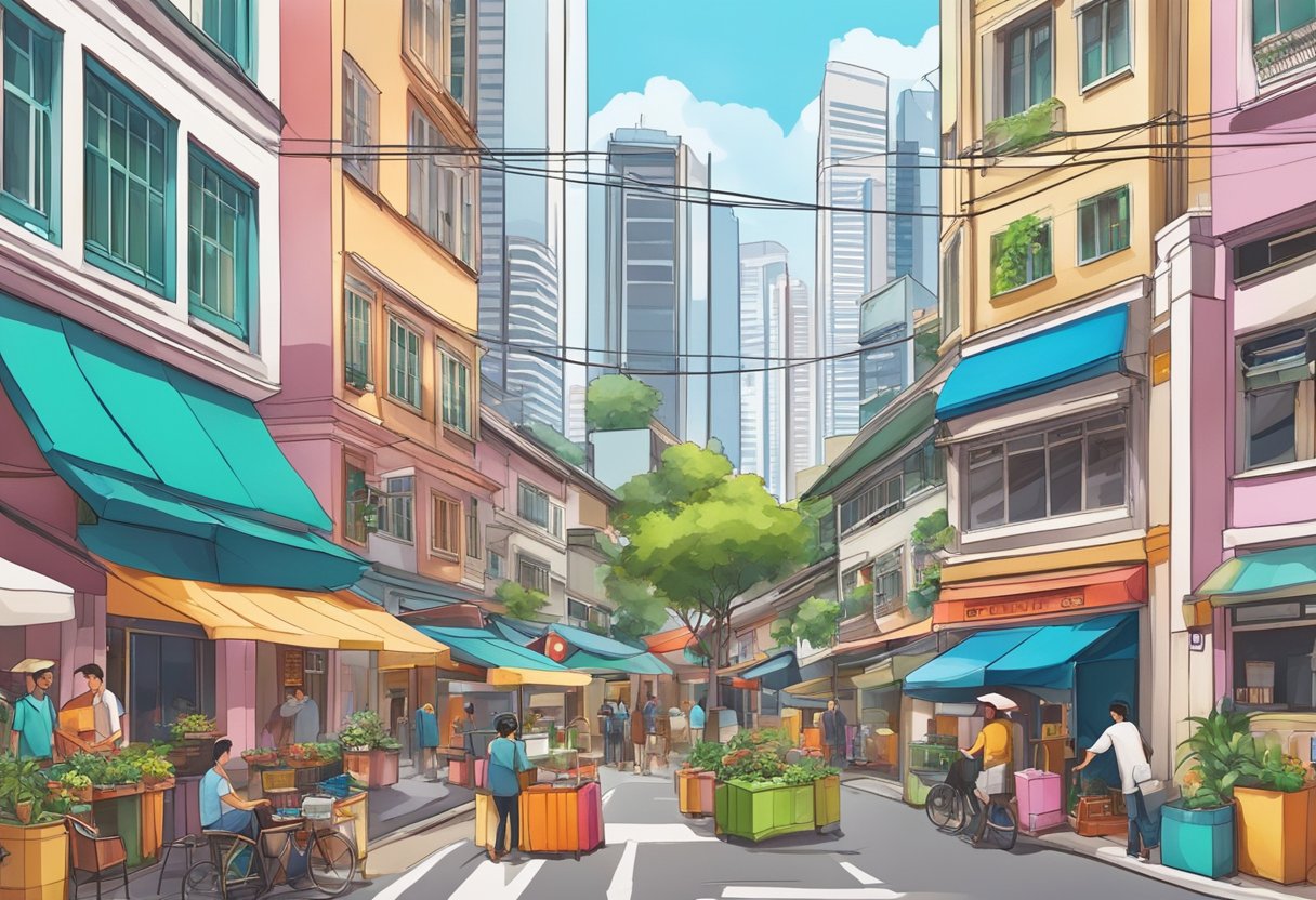 A bustling Singapore street with tall buildings and colorful shops, surrounded by a mix of traditional and modern architecture