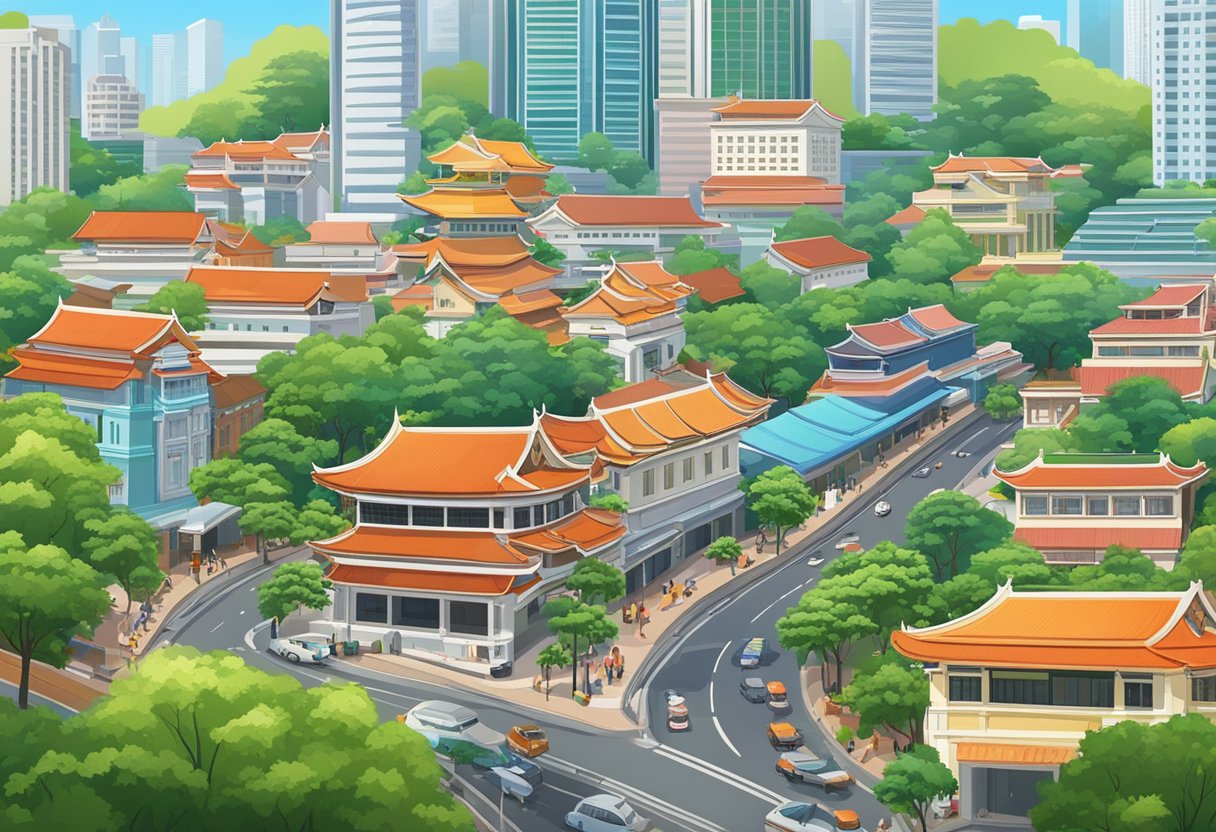 The bustling streets of Singapore, with modern skyscrapers and traditional shophouses, set against a backdrop of lush greenery and a vibrant cityscape