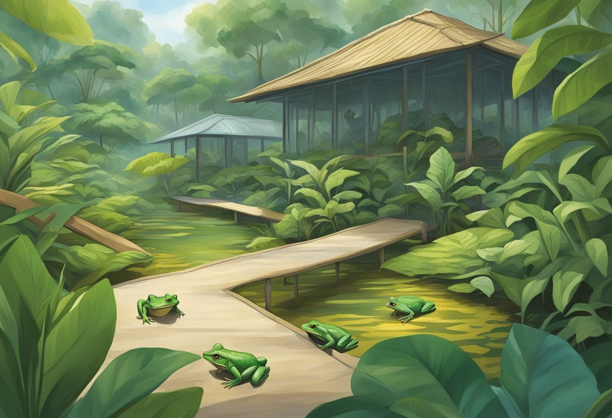 A frog farm in Singapore buzzes with activity as frogs hop and croak in their enclosures. The lush greenery and humid air create a vibrant and lively atmosphere for the amphibians