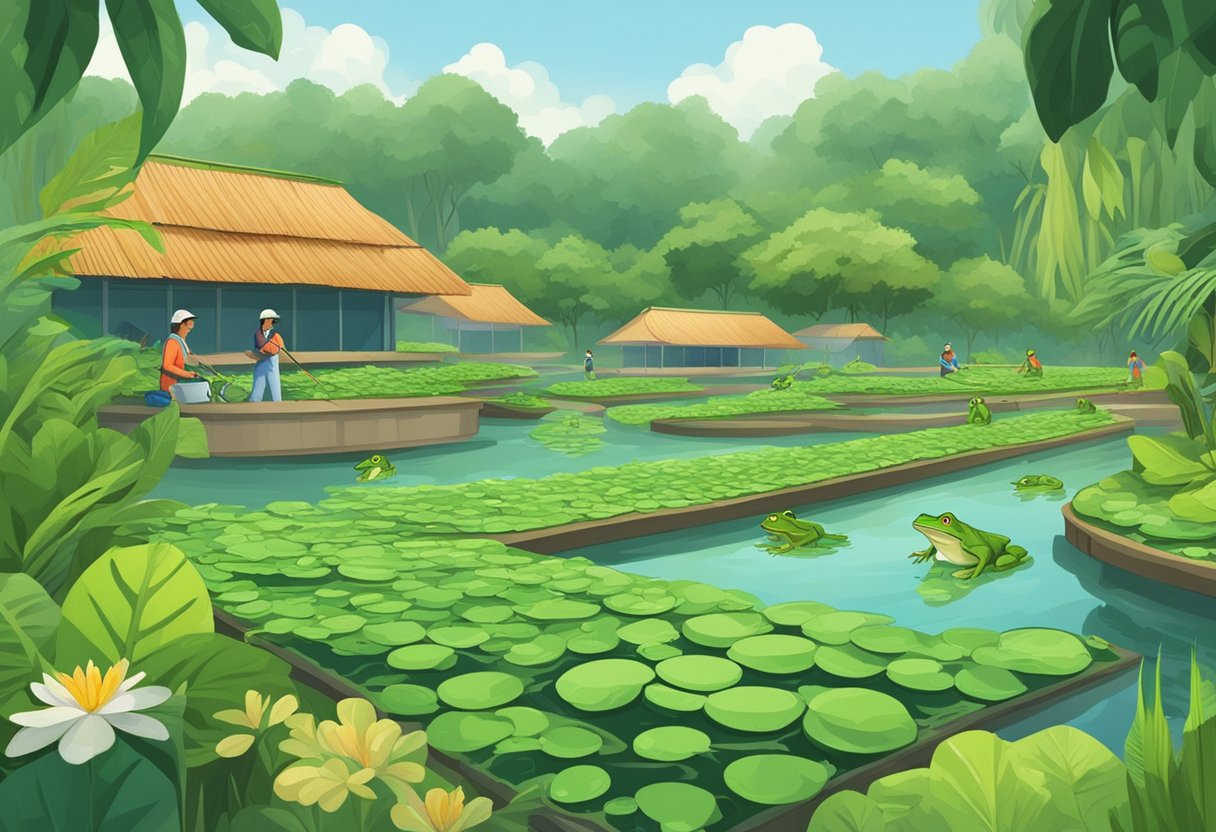 A frog farm in Singapore, with rows of ponds surrounded by lush greenery, and workers tending to the frogs in their natural habitat