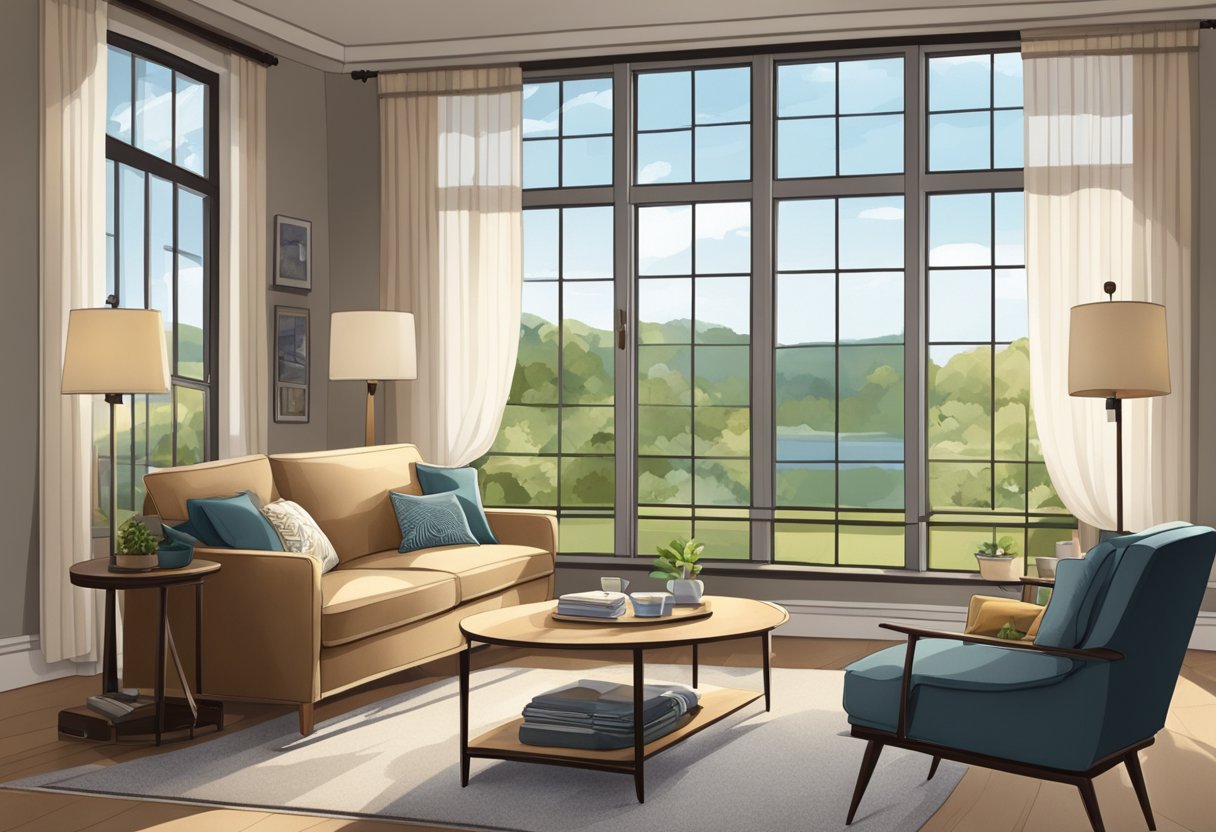 A cozy living room with a recliner sofa positioned in front of a large window, allowing natural light to filter in. The sofa is upholstered in a soft, inviting fabric, with plush cushions and a reclining mechanism for ultimate comfort