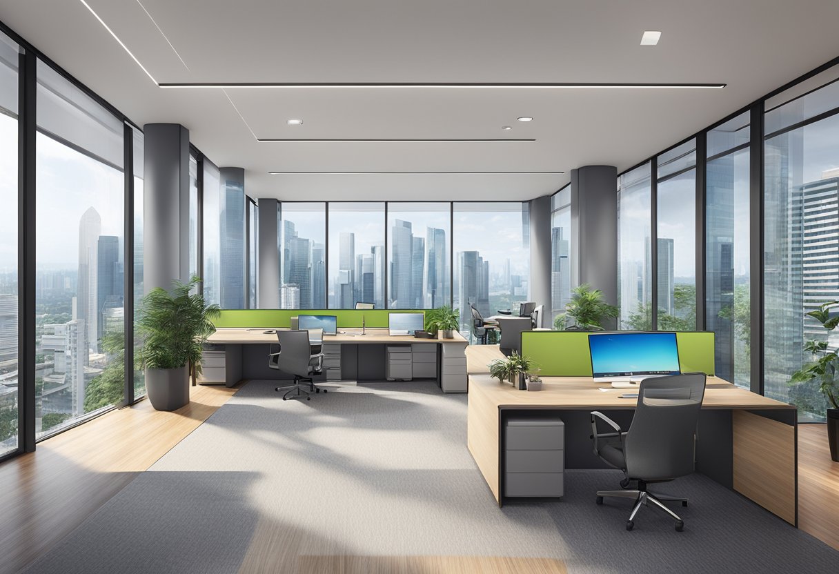 A property agent in Singapore showing a modern office space with floor-to-ceiling windows and a panoramic city view